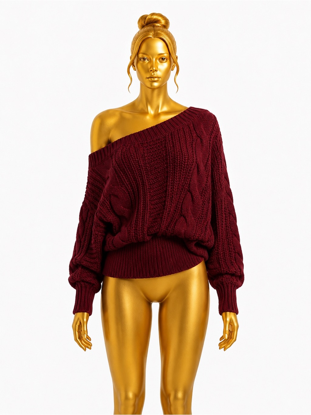SHEIN Burgundy Off-Shoulder Cable Knit Sweater